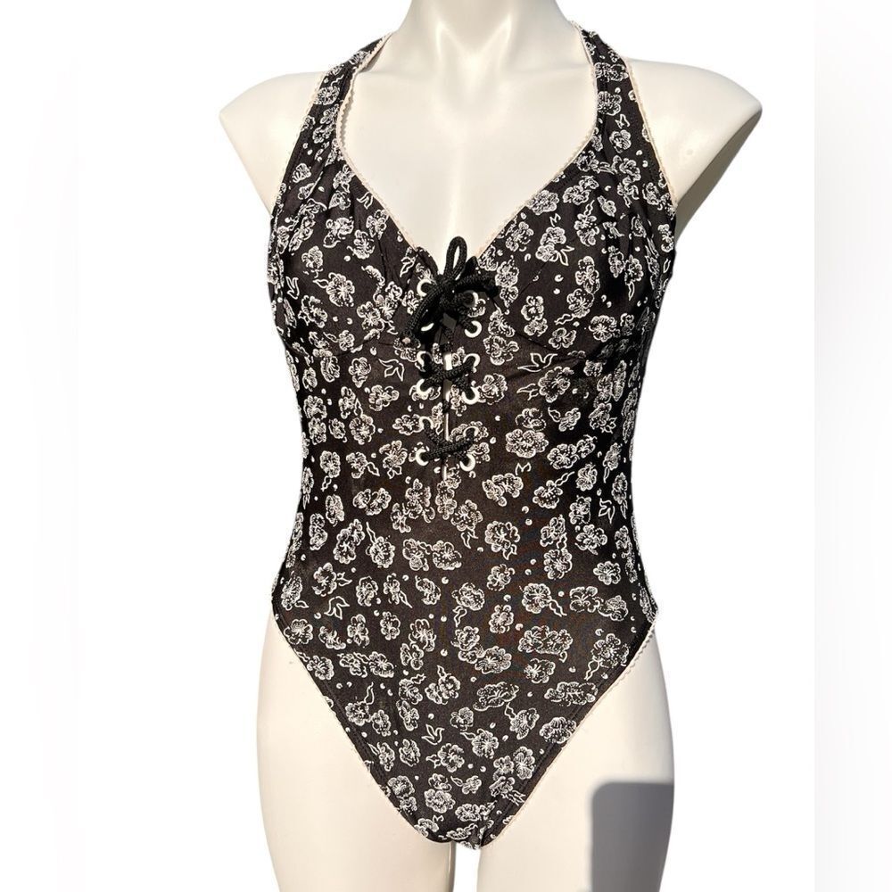 Baja Blue Vintage High Cut Swimsuit Black and White Floral One Piece Size 12